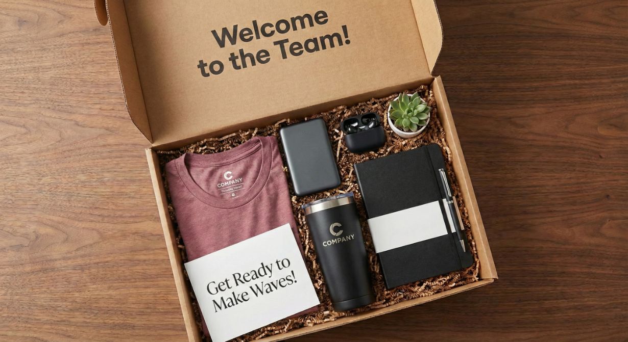 personaliziran merch paket za podjetja - paket vsebuje voščilo, majico s tiskov, powerbank, notes in pisalo, brezžične slušalke in termo lonček z logotipom podjetja. Personalizirana embalaža.